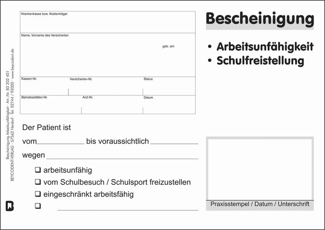 Bescheinigung Schul-,Sport- und Arbeitsunfähigkeit, privat Stück 100 Blatt