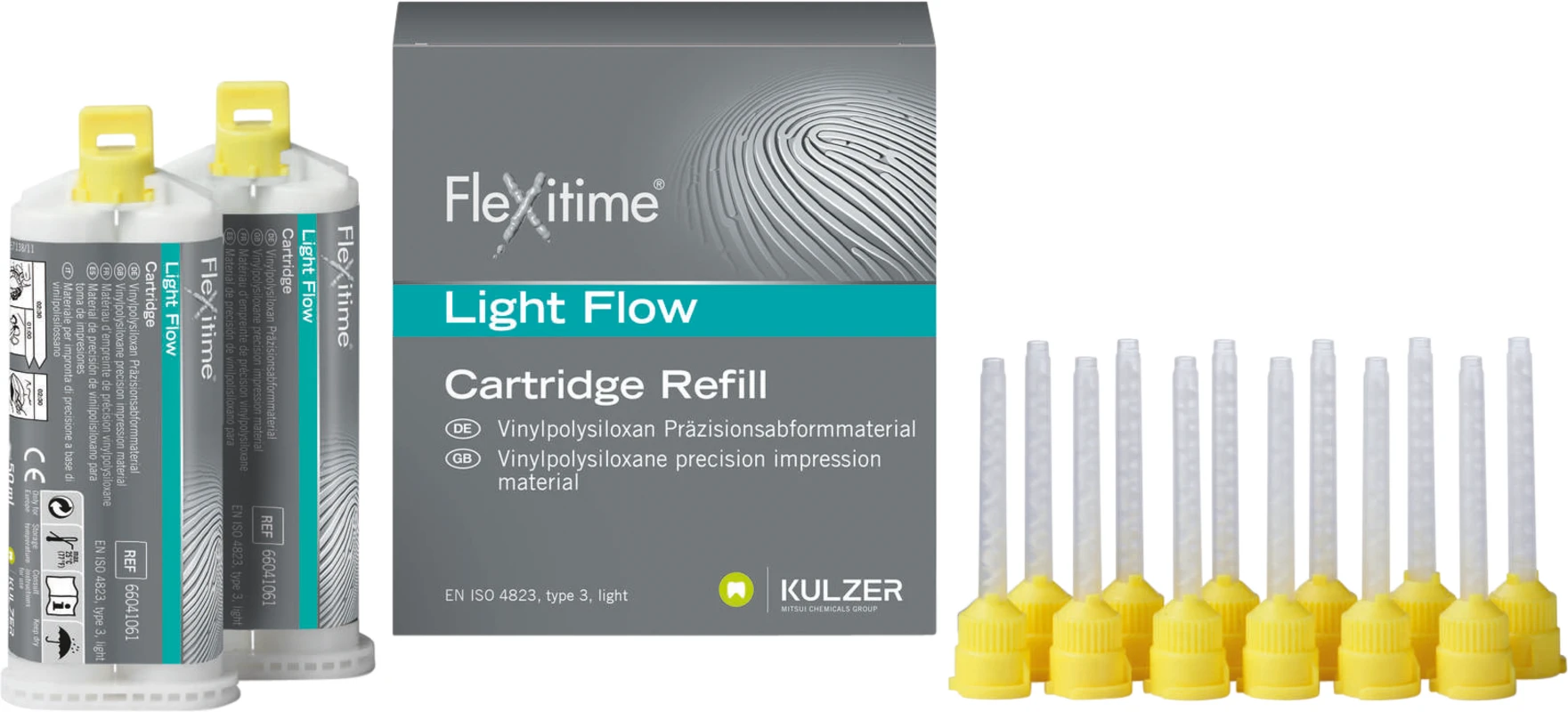 Flexitime® Packung 2 x 50 ml Doppelkartusche Light Flow, dünnfließend, 6 Mischkanülen gelb 1:1