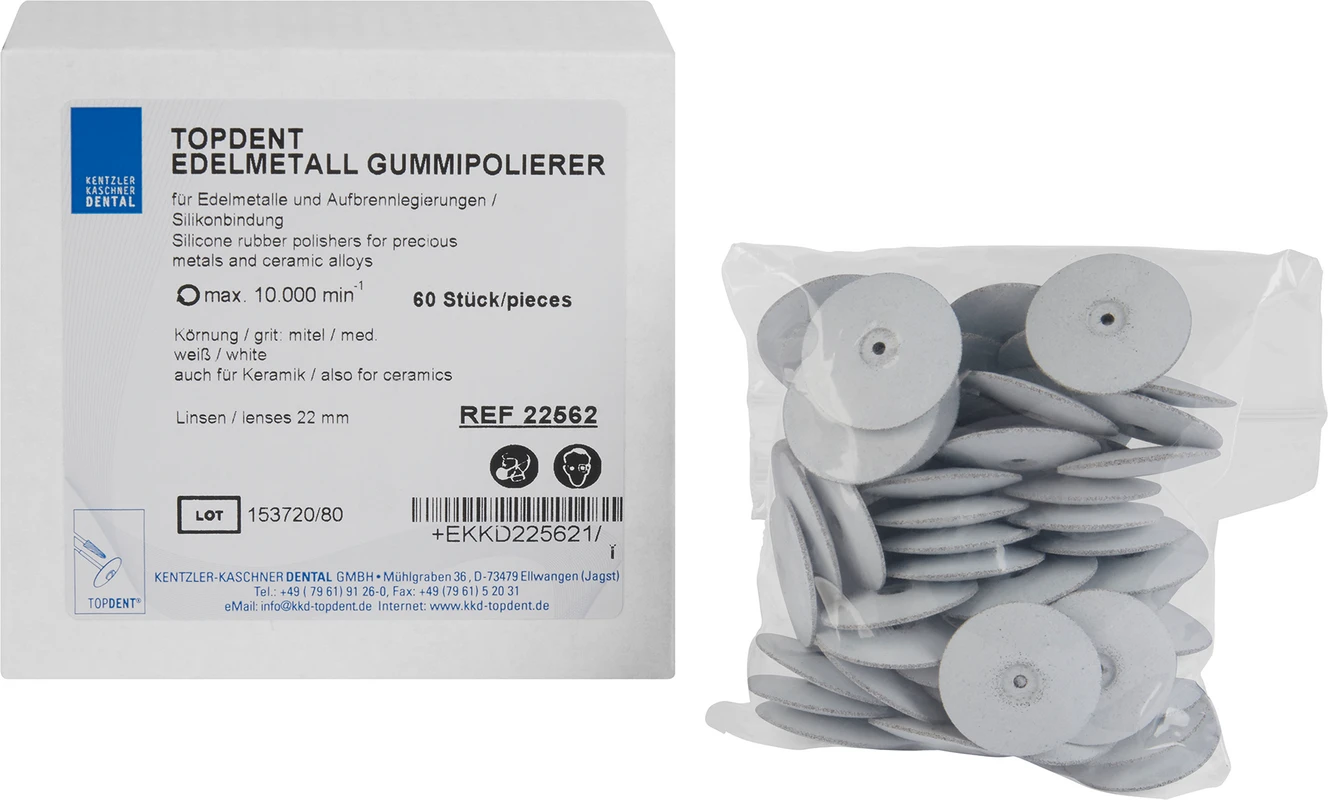TOPDENT Edelmetall Gummipolierer Packung 60 Stück weiß mittel (auch für Keramik), Linse 22 mm