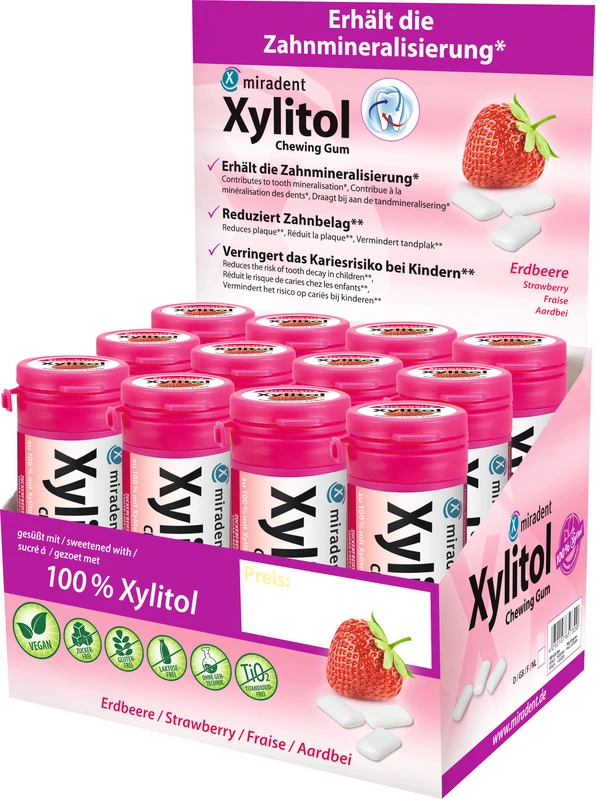 Xylitol Chewing Gum Display 12 Dosen x 30 Stück Erdbeere