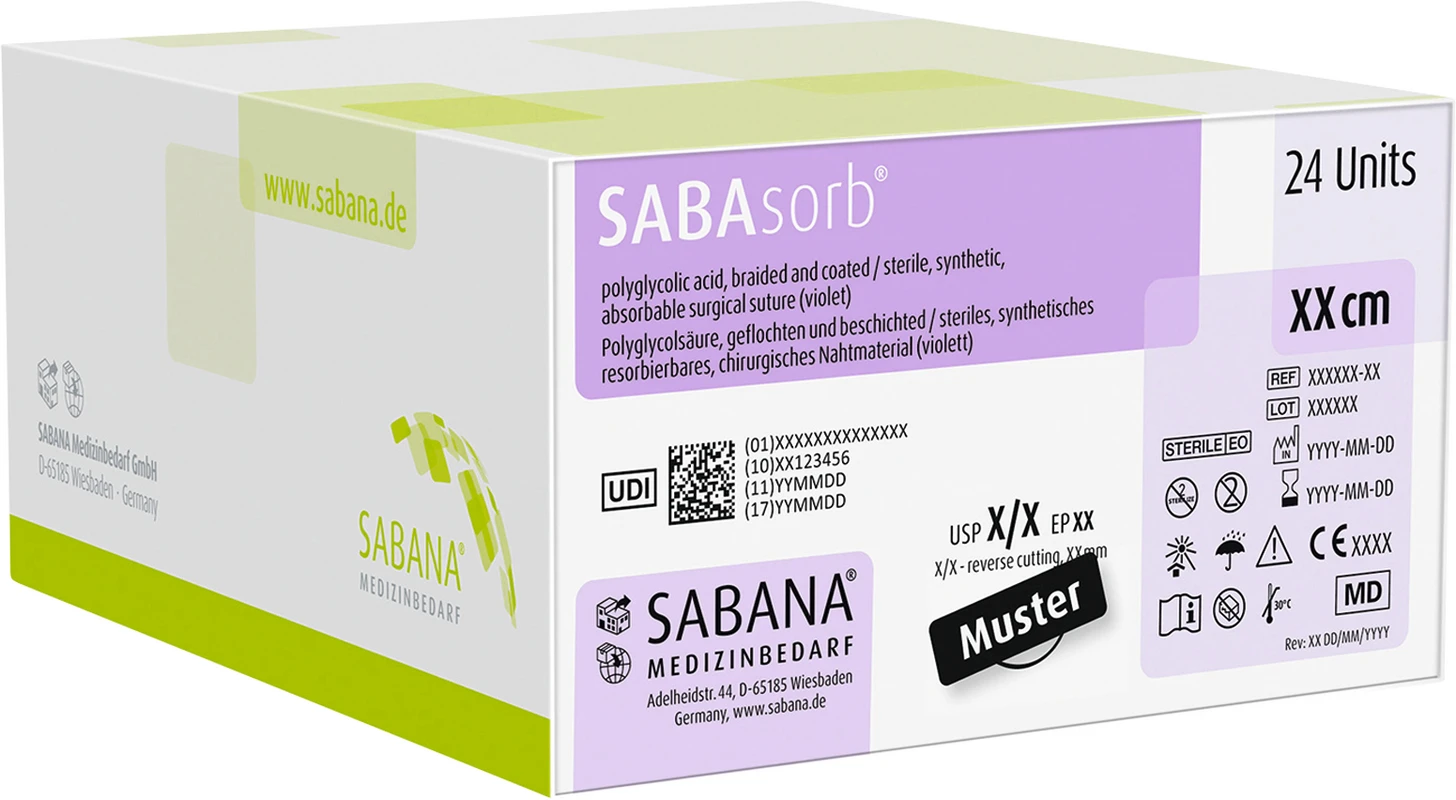 SABAsorb® Packung 24 Stück violett, 45 cm, DS-12, 3/8 Kreis, schneidend, 12 mm, USP 6/0
