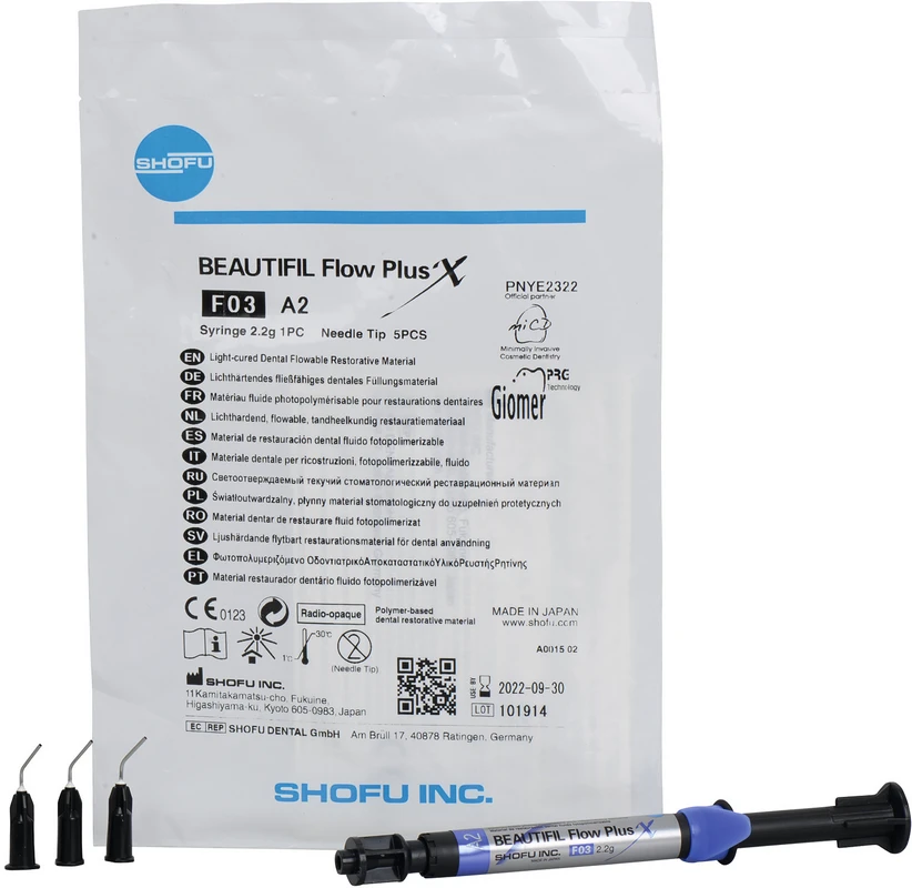 BEAUTIFIL Flow Plus X Spritze 2,2 g A2, F03 inklusive 5 Spritzenaufsätze