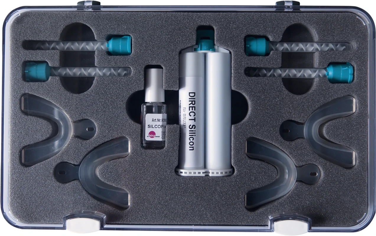 BRUXI+ Set 50 ml DIRECT Silikon, 8 ml SILCOfix, 4 Abformlöffel, 4 Mischkanüllen, 1 Gebrauchsanleitung BRUXI+ Dr. Hinz