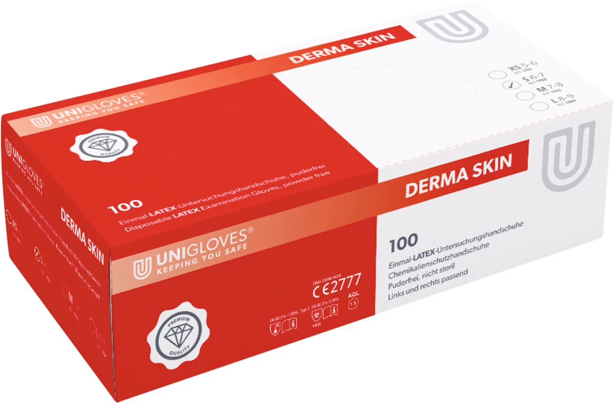 DERMA SKIN Latexhandschuhe Packung 100 Stück puderfrei, naturlatex, S DERMA SKIN Latexhandschuhe Unigloves