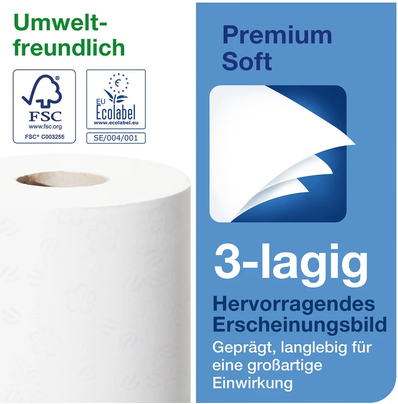 TORK® Premium Kleinrollen Toilettenpapier extra weich  Karton 9 x 8 Rollen 27,5 m, 3-lagig, 11 x 9,4 cm, weich, geprägt, weiß