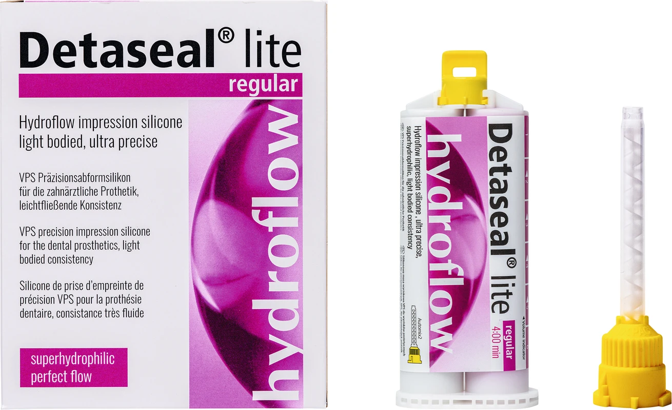 Detaseal® hydroflow lite Standardpackung 2 x 50 ml Doppelkartusche regular, 12 Mischkanülen gelb