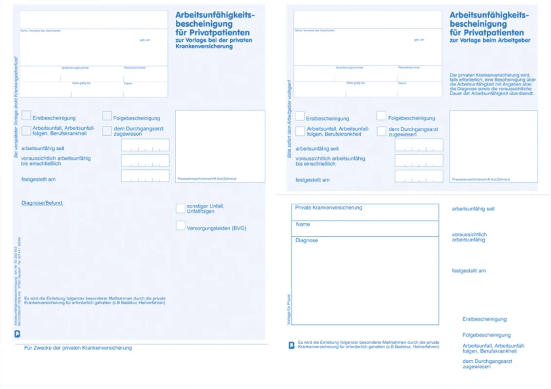 Arbeitsunfähigkeitsbescheinigung für Privatpatienten Beycodent