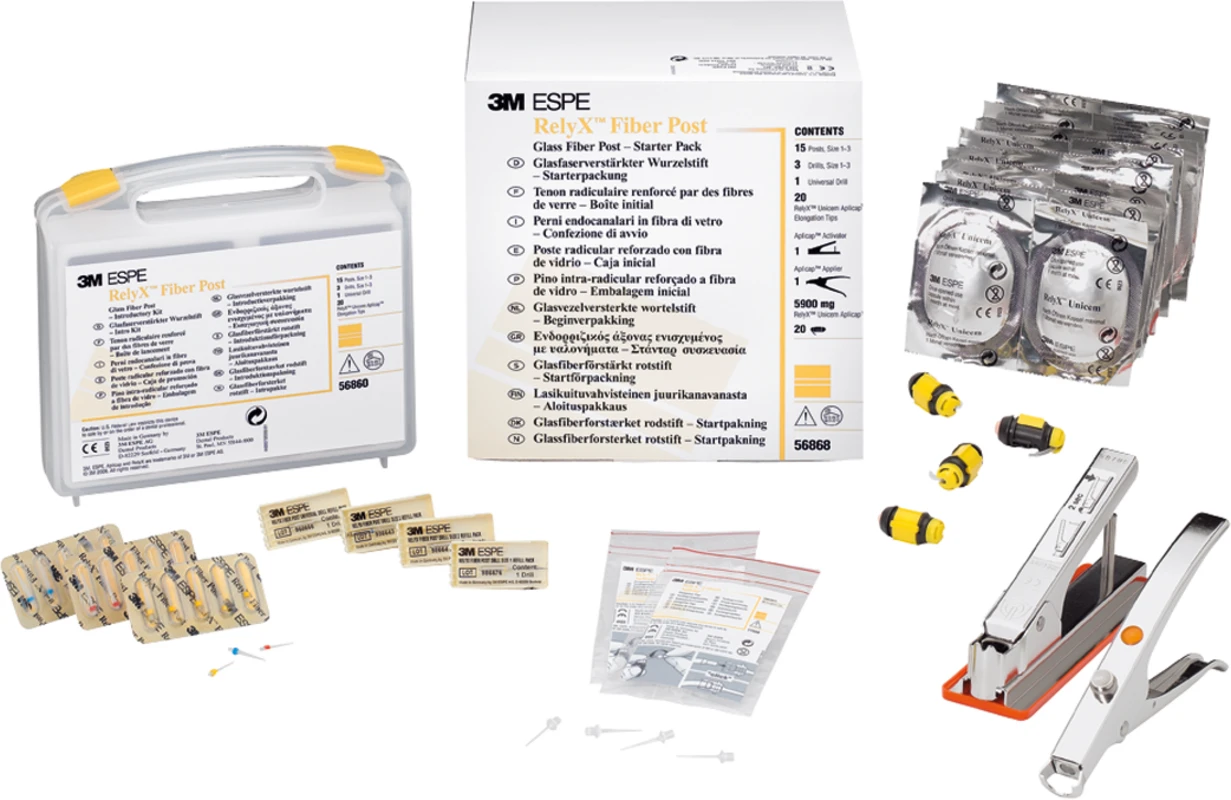 RelyX™ Fiber Post Intro Kit 15 Stifte (gelb, rot, blau), 4 Bohrer, 20 Kanülen