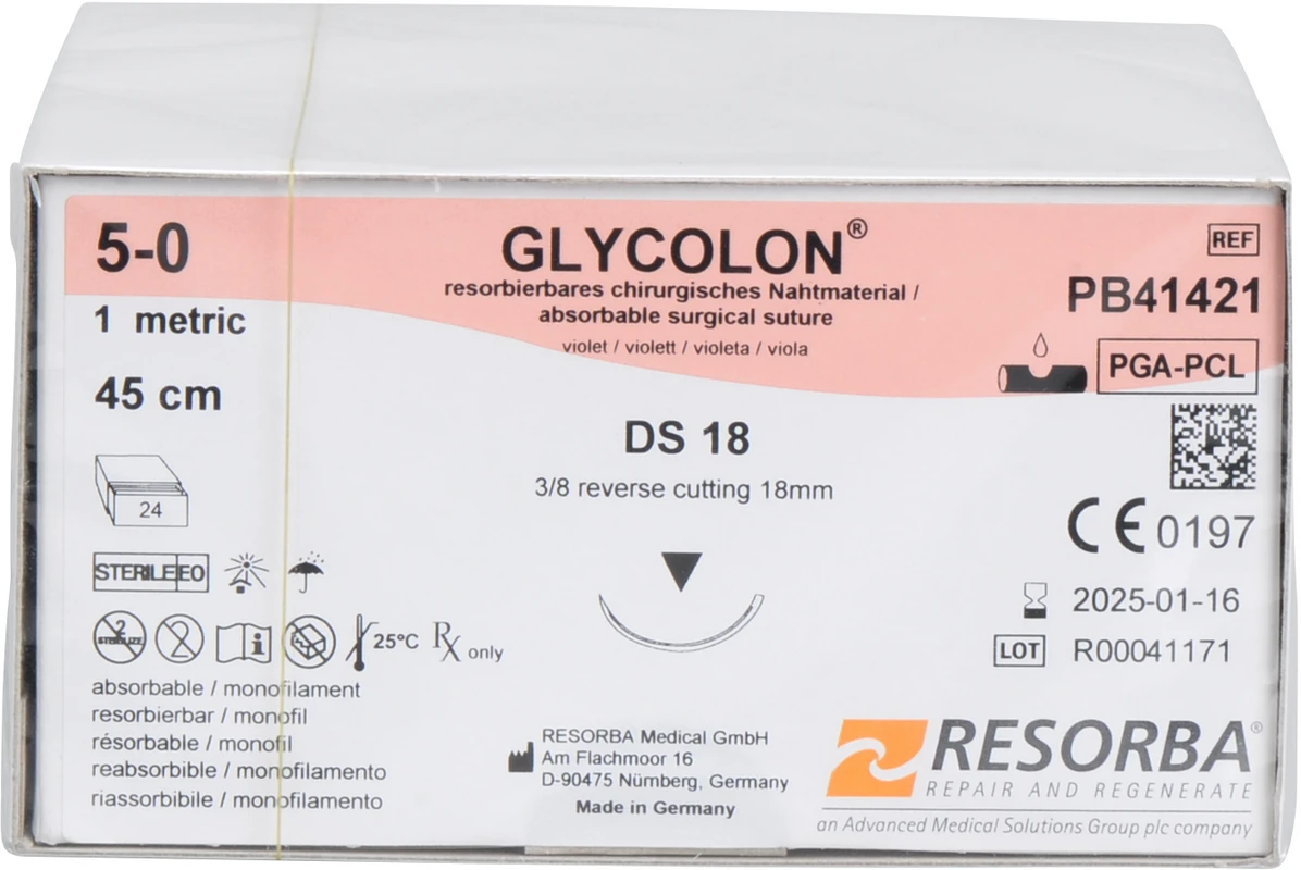 Glycolon® Oral Packung 24 Stück violett, 45 cm, DS18, 3/8 Kreis, außen schneidend, Premium-Schliff, 18 mm, USP 5/0