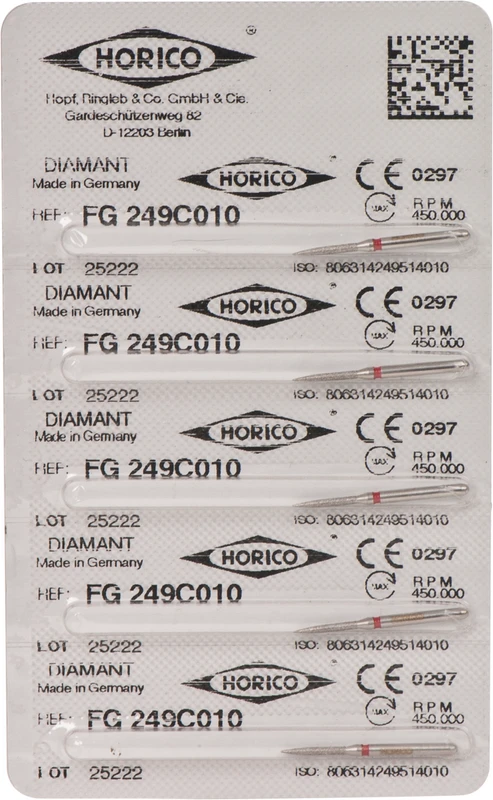 Diamantschleifer 249 Packung 5 Stück rot fein, FG, Figur 249, 8 mm, ISO 010