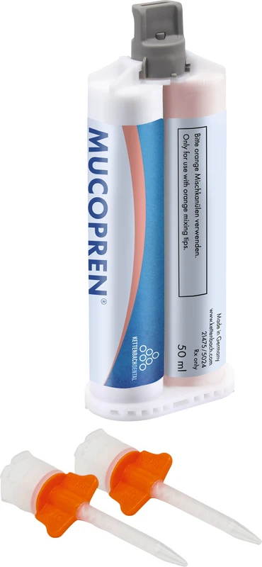Mucopren® Versieglungssilikon Packung 50 ml Doppelkartusche, 8 Mischkanülen orange