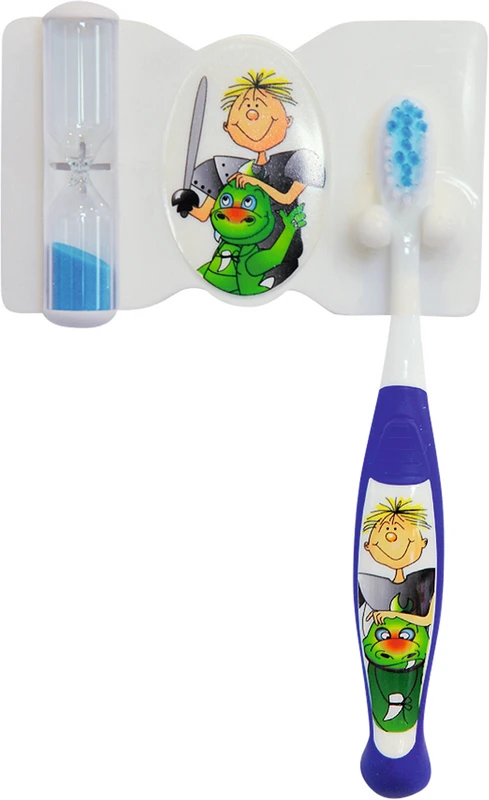 Dental Set compact Packung Ritter (1 Zahnbürste, 1 Zahnbürstenhalter mit Zahnputzuhr) blau