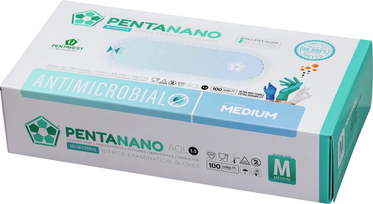 Pentanano Antimicrobial Nitril Packung 100 Stück puderfrei unsteril, Größe M