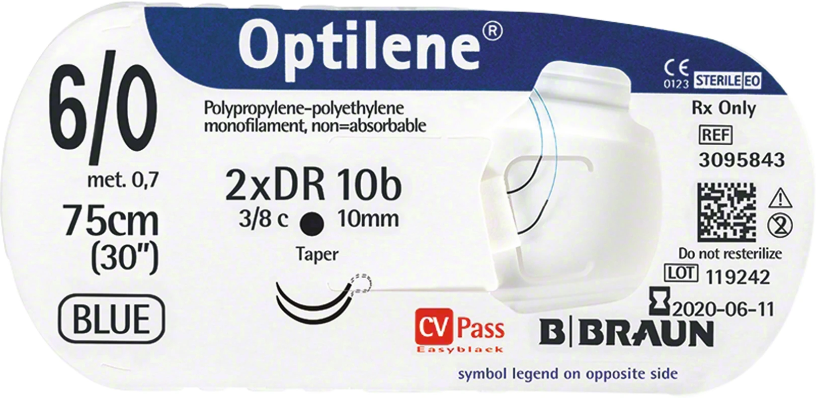 Optilene® Packung 12 Stück blau, 45 cm, DSMP16, 3/8 Kreis, schneidend, Mikropräzision, 16 mm, USP 5/0