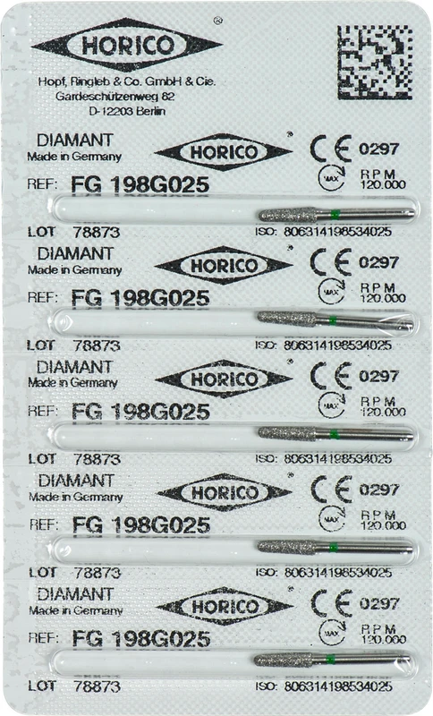 Diamantschleifer 198 Packung 5 Stück grün grob, FG, Figur 198, 8 mm, ISO 025