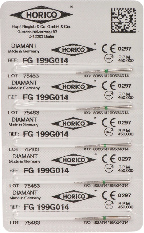 Diamantschleifer 199 Packung 5 Stück grün grob, FG, Figur 199, 10 mm, ISO 014