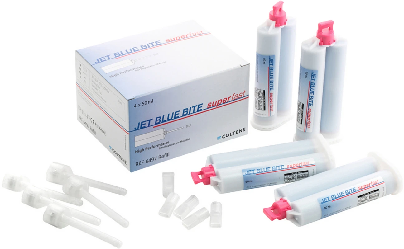 JET BLUE® BITE superfast Refill Packung 4 x 50 ml Doppelkartusche, 12 Mixing Tips, 12 Spreader Tips JET BLUE® BITE superfast COLTENE