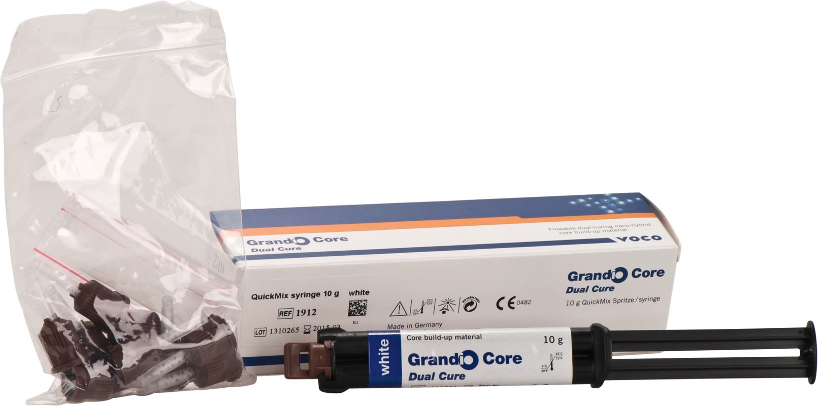 Grandio Core Dual Cure Packung 10 g QuickMix Spritze weiß, Mischkanülen Typ 11, Aufsätze Typ 4