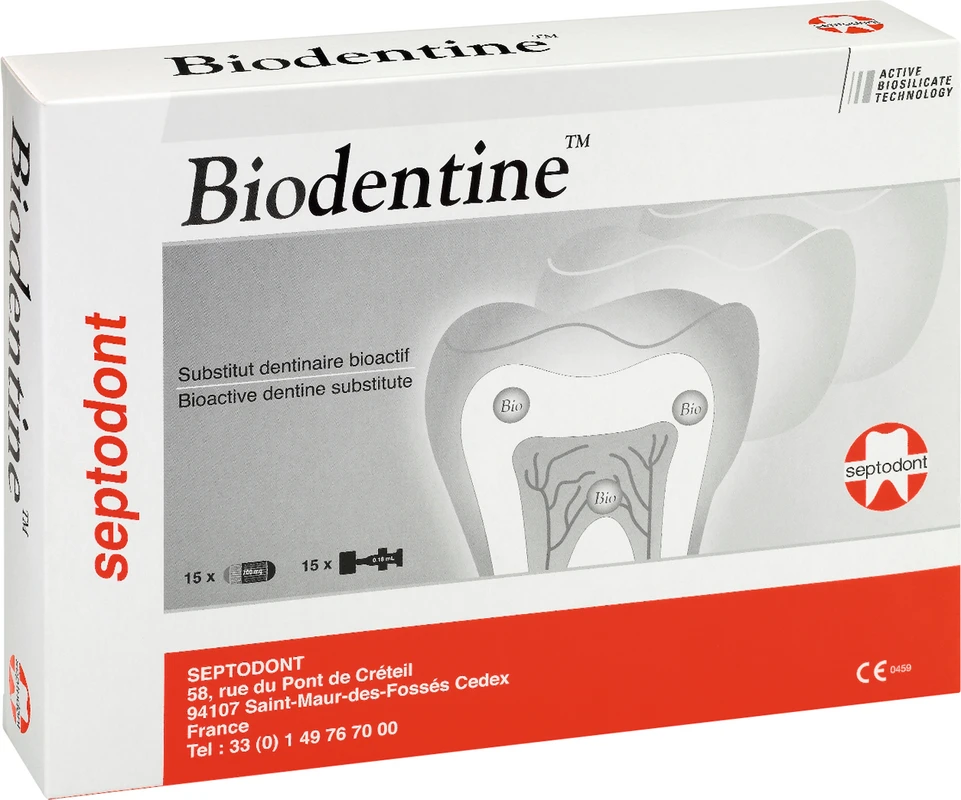 Biodentine™ Packung 15 Kapseln Pulver, 15 Flüssigkeitspipetten, 15 Applikatoren, 1 Kapselhalter