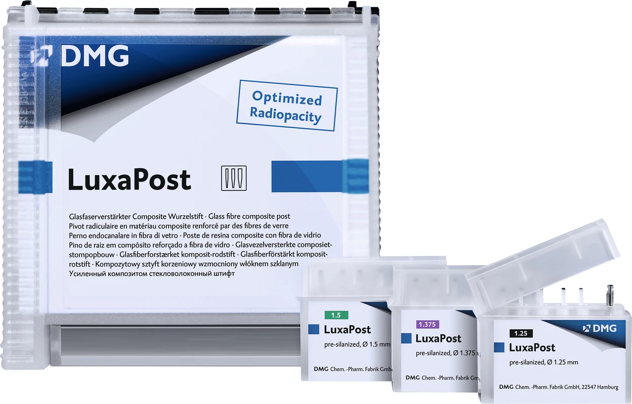 LuxaPost® Einführungspackung 15 Stifte (Ø 1,25 mm, Ø 1,375 mm, Ø 1,5 mm), 3 Bohrer (Ø 1,25 mm, Ø 1,375 mm, Ø 1,5 mm), 30 Tiefenmarkierer, 1 Messkarte