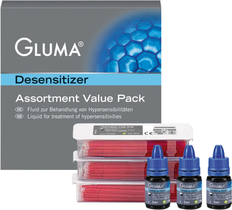 GLUMA® Desensitizer Value Pack 3 x 5 ml Flasche, 150 Applikatortips, 1 Vorlageschale, 1 Arbeitskarte