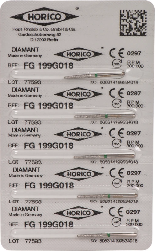 Diamantschleifer 199 Packung 5 Stück grün grob, FG, Figur 199, 10 mm, ISO 018