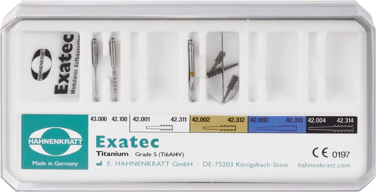 Exatec Titan Test Set 1 Kanalerweiterer, 1 Kalibrierbohrer, 3 Titan-Wurzelstifte ,1 Messschablone, Box leer