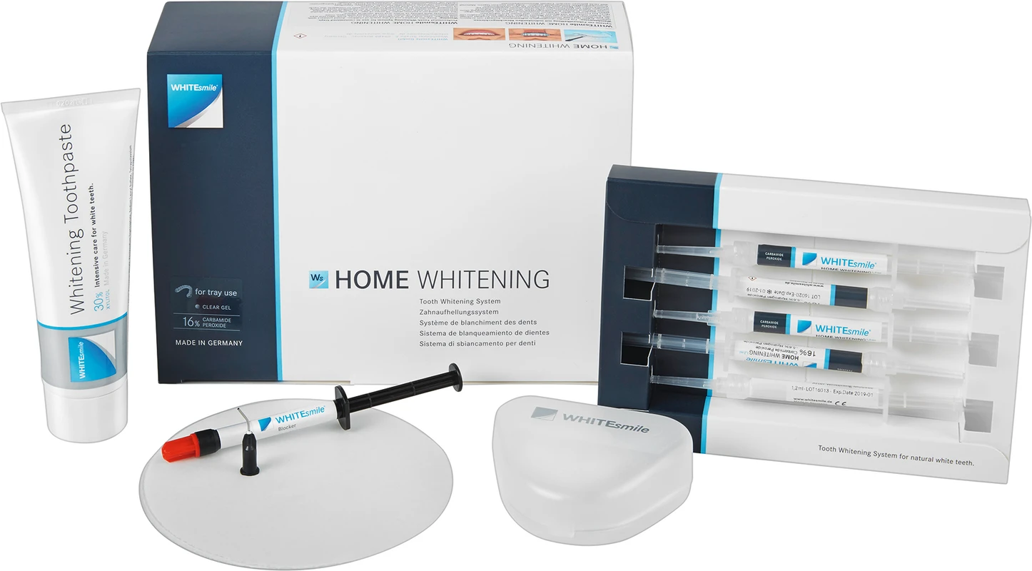 HOME WHITENING Slim Kit 8 x 1,2 ml Zahnaufhellungsgel 16 % CP, 2 x 1,2 ml After Whitening Mousse, Zubehör HOME WHITENING WHITEsmile