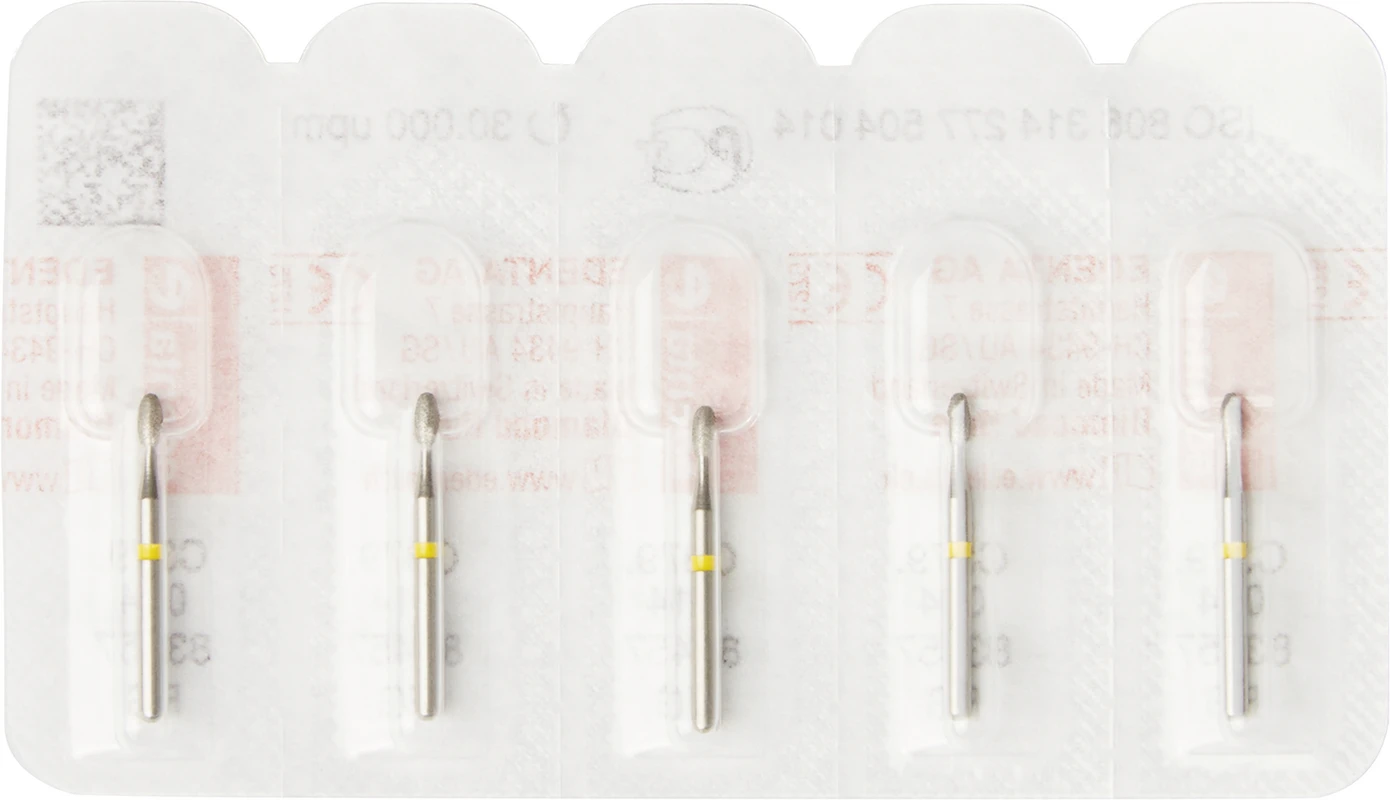 Diamanten 379 Packung 5 Stück gelb superfein, FG, Figur 277 Eiform, 3 mm, ISO 014