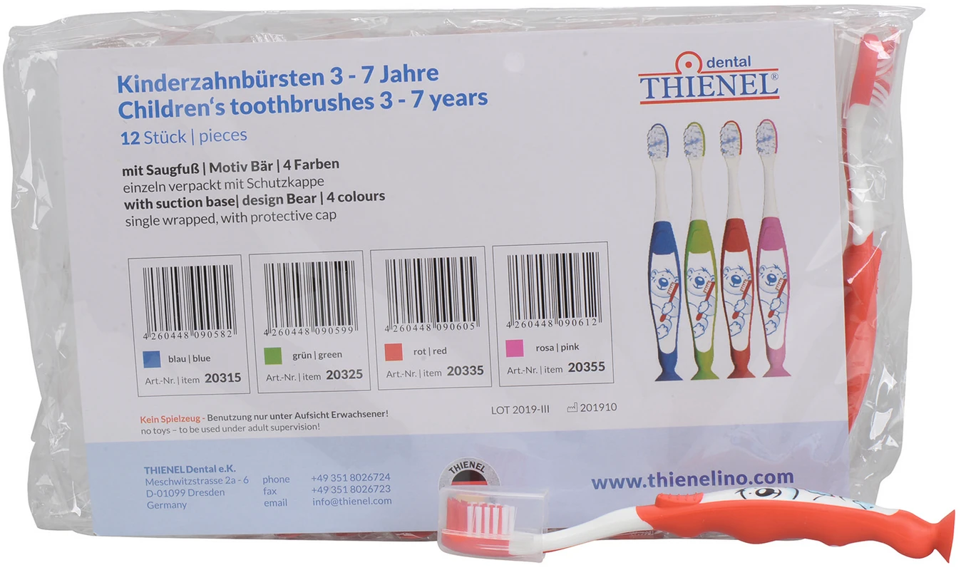 Kinderzahnbürste mit Saugfuss Packung 12 Stück Bär, rot