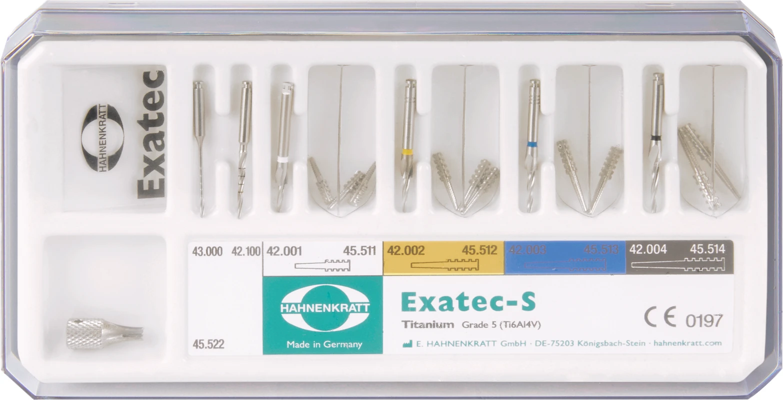 Exatec S Standard Set 1 Kanalerweiterer, 5 Bohrer, 10 Exatec-S Titan-Stifte, 1 Messschablone, 1 Einsetz-Tool