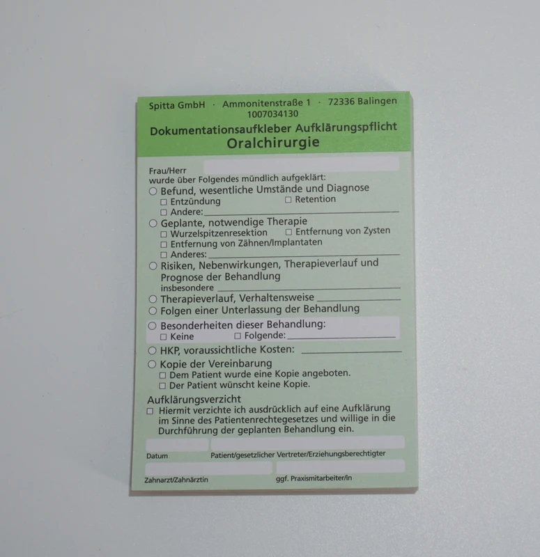 Dokumentationsaufkleber Aufklärungspflicht Stück 50 Blatt Oralchirurgie, grün