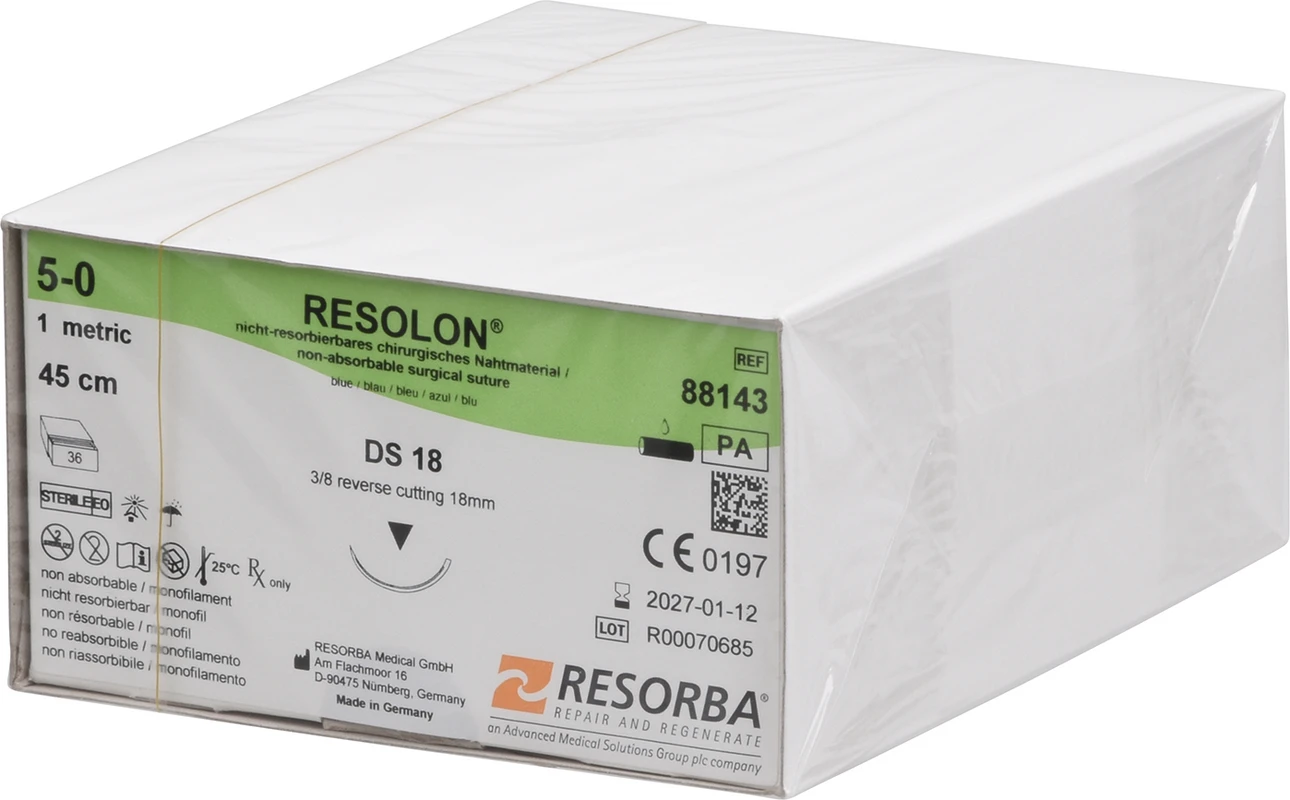 RESOLON® Packung 36 Stück blau, 45 cm, DS18, 3/8 Kreis, außen schneidend, 18 mm, USP 5/0