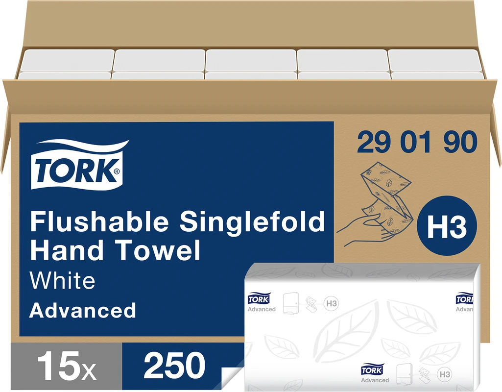 TORK® schnellauflösendes Zickzack Handtuch (V-Falz) Packung 15 x 250 Stück, 2-lagig, hochweiß, schnellauflösend