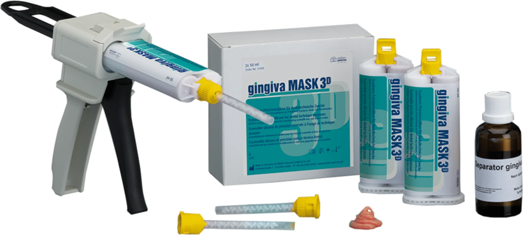 gingiva MASK 3D Packung 2 x 50 ml Doppelkartusche rosa, 12 Mixing Tips gelb gingiva MASK 3D Müller-Omicron
