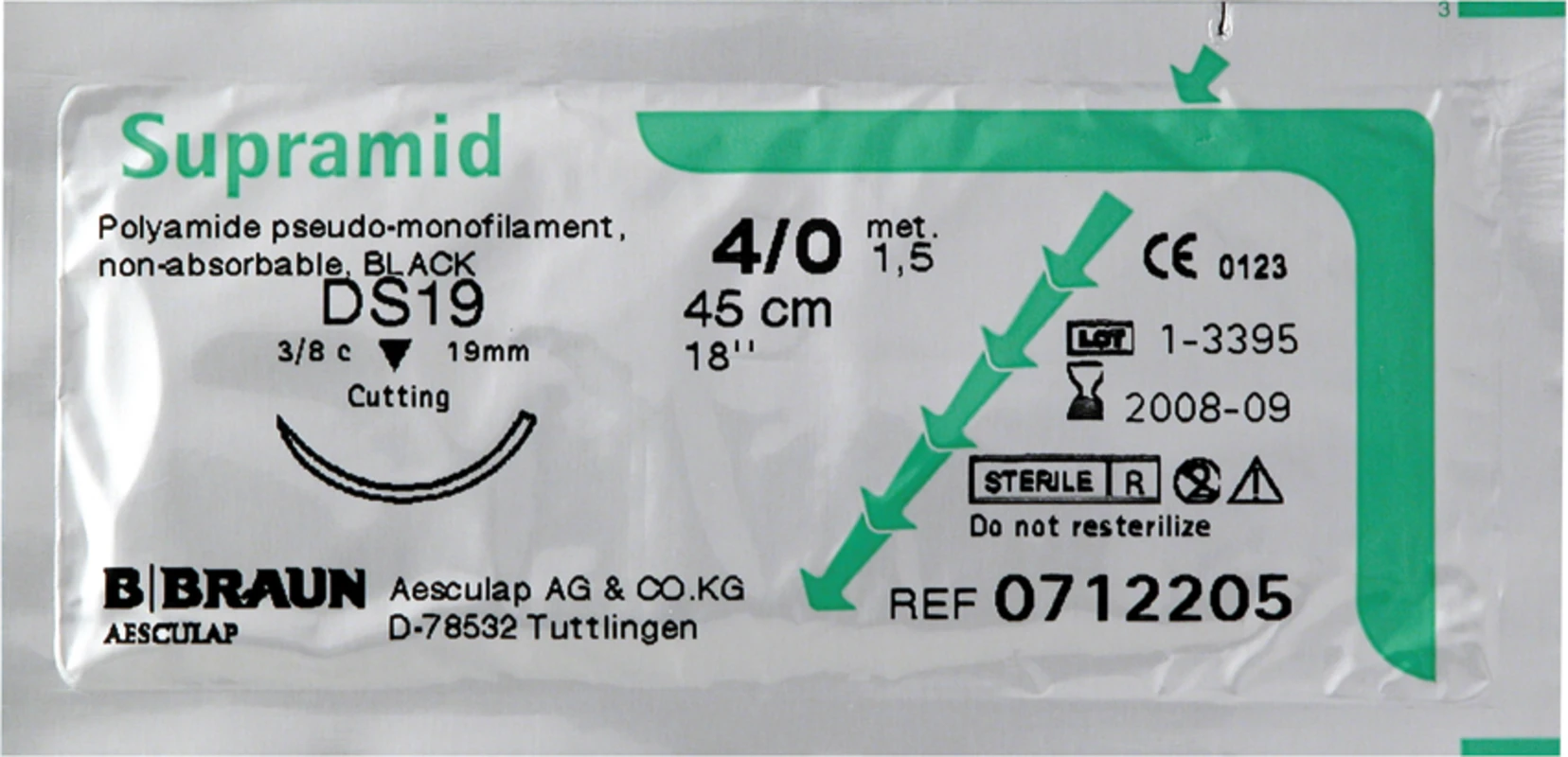 Kurzfäden Packung 36 Stück Supramid, 5 x 45 cm schwarz, USP 4/0 Kurzfäden B. Braun
