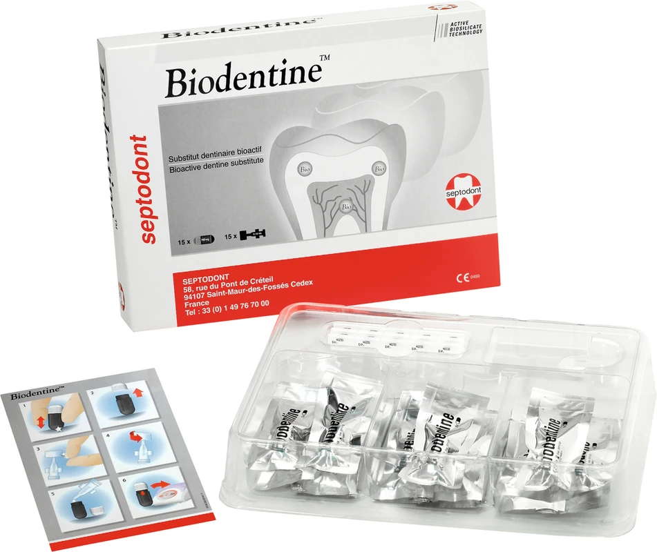 Biodentine™ Packung 15 Kapseln Pulver, 15 Flüssigkeitspipetten, 15 Applikatoren, 1 Kapselhalter
