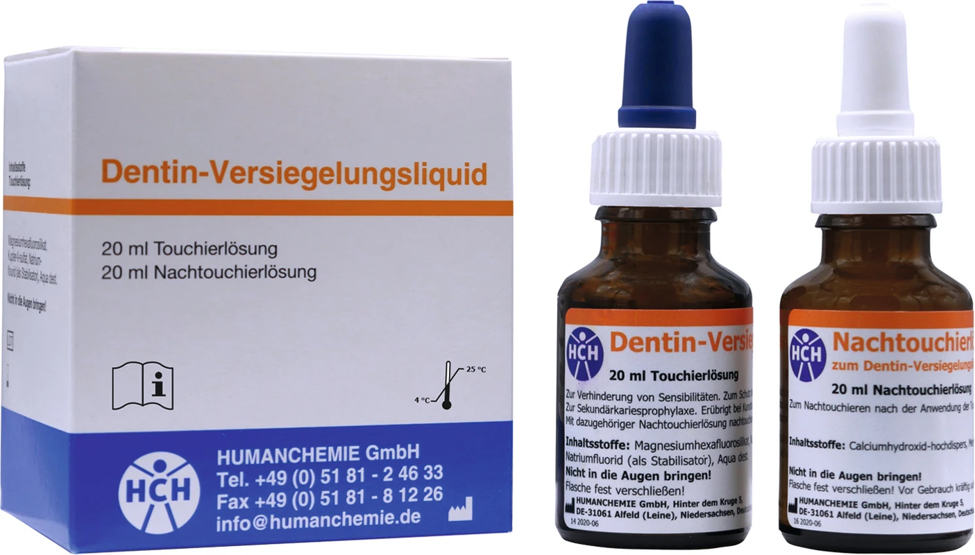 Dentin-Versiegelungsliquid Packung 20 ml Touchierlösung, 20 ml Nachtouchierlösung in Flaschen mit Tropfpipetten Dentin-Versiegelungsliquid HUMANCHEMIE