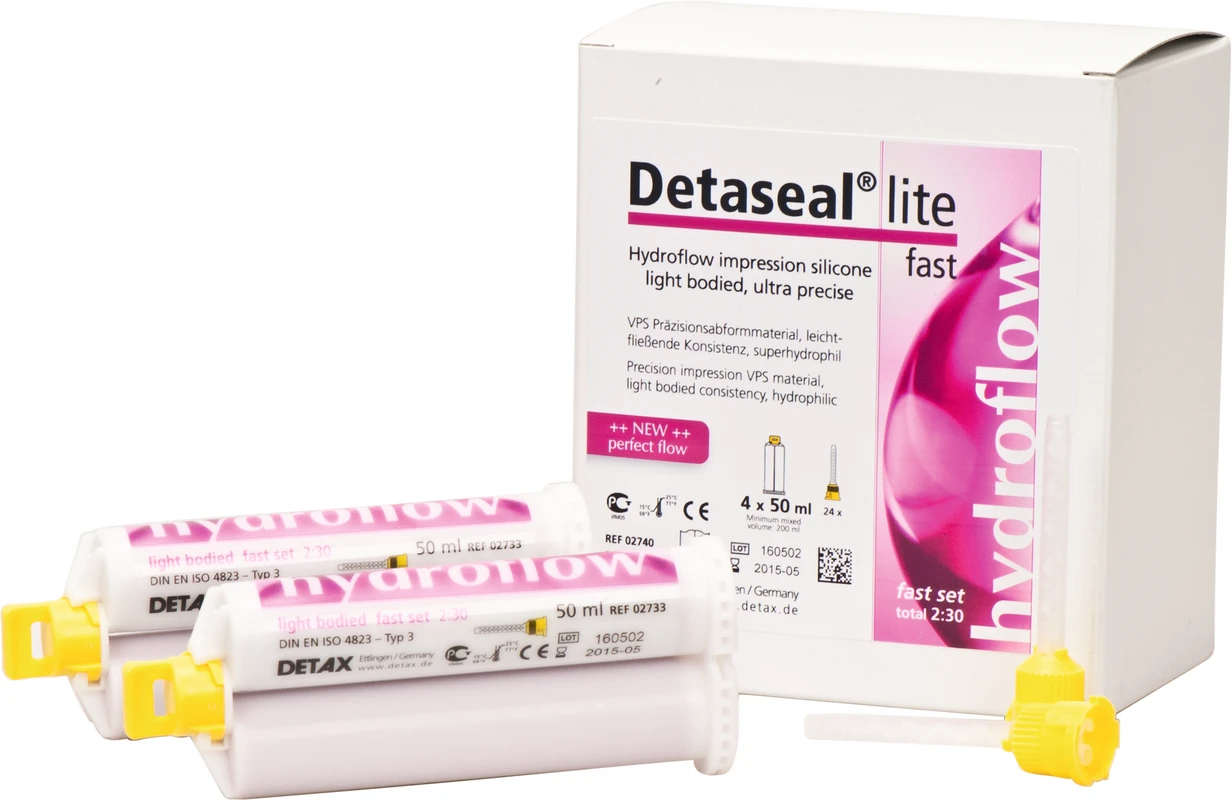 Detaseal® hydroflow lite Multipack 4 x 50 ml Doppelkartusche fast, 24 Mischkanülen gelb
