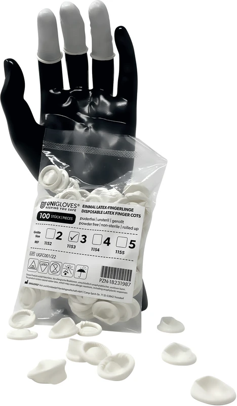 Latex Fingerlinge Beutel 100 Stück puderfrei, naturlatex, L Latex Fingerlinge Unigloves