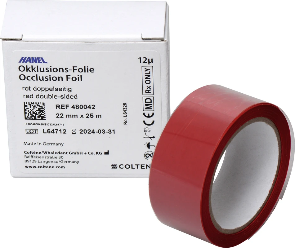 HANEL Occlusions-Folie, doppelseitig 12 µm Rolle 25 m rot, 22 mm breit