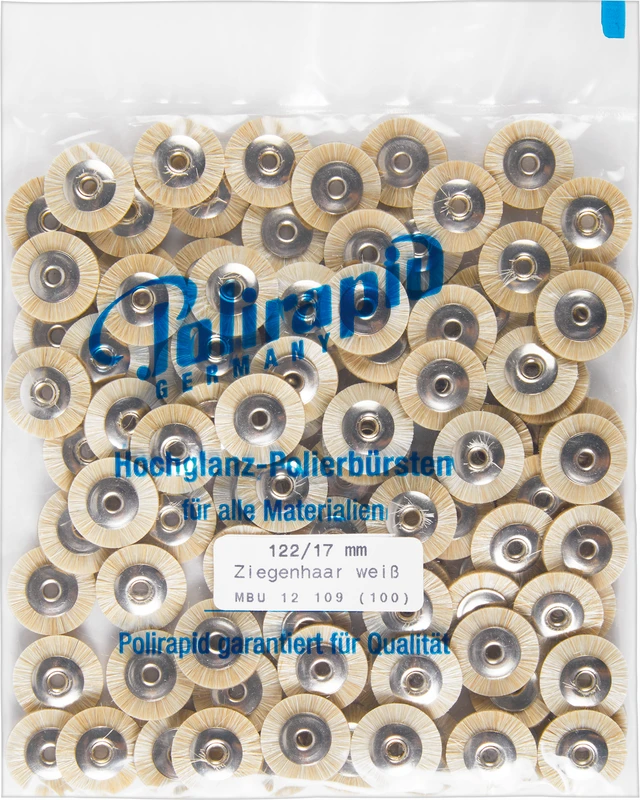 Miniaturbürsten Ziegenhaar Packung 100 Stück unmontiert, weiß sehr weich, Ziegenhaar, Ø 17 mm