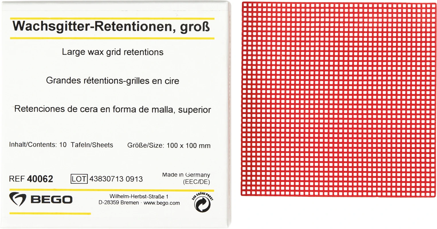 Wachs-Gitterretentionen Packung 10 Stück rot, 100 x 100 mm Wachs-Gitterretentionen BEGO