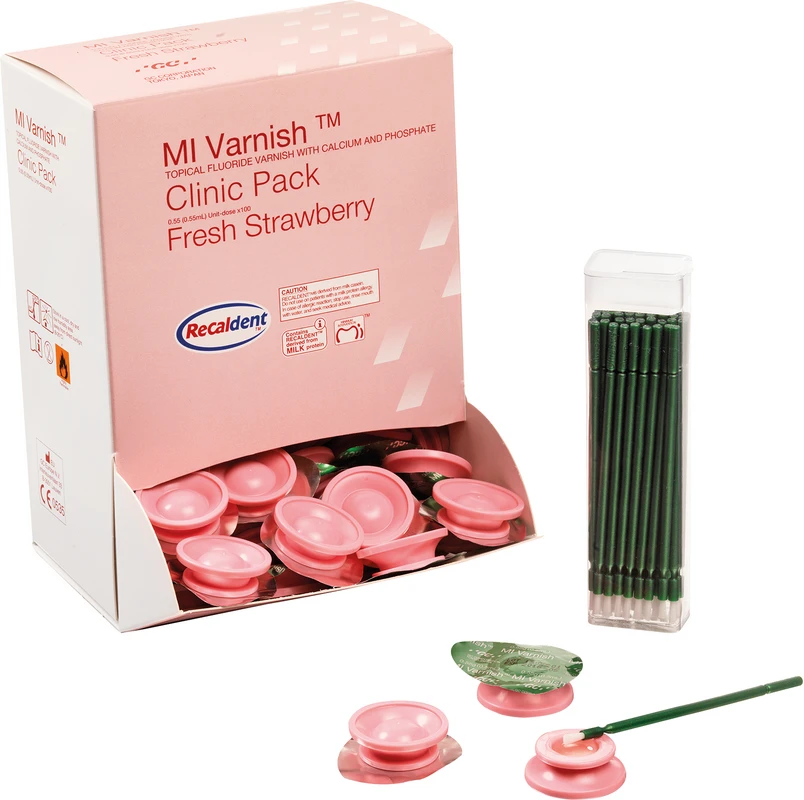 GC MI Varnish™ Clinic Packung 100 x 0,40 ml Erdbeere, 100 Einmalpinsel