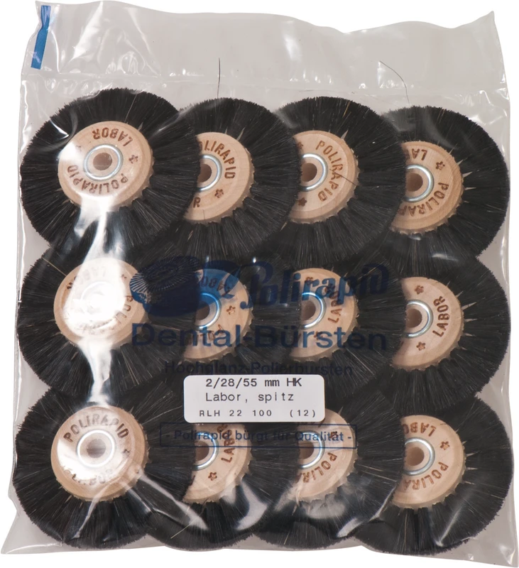 Labor Rundbürsten Packung 12 Stück mit HK, 2-reihig, Chungking schwarz, spitz, Kern: Ø 28 mm, Außen: Ø 55 mm