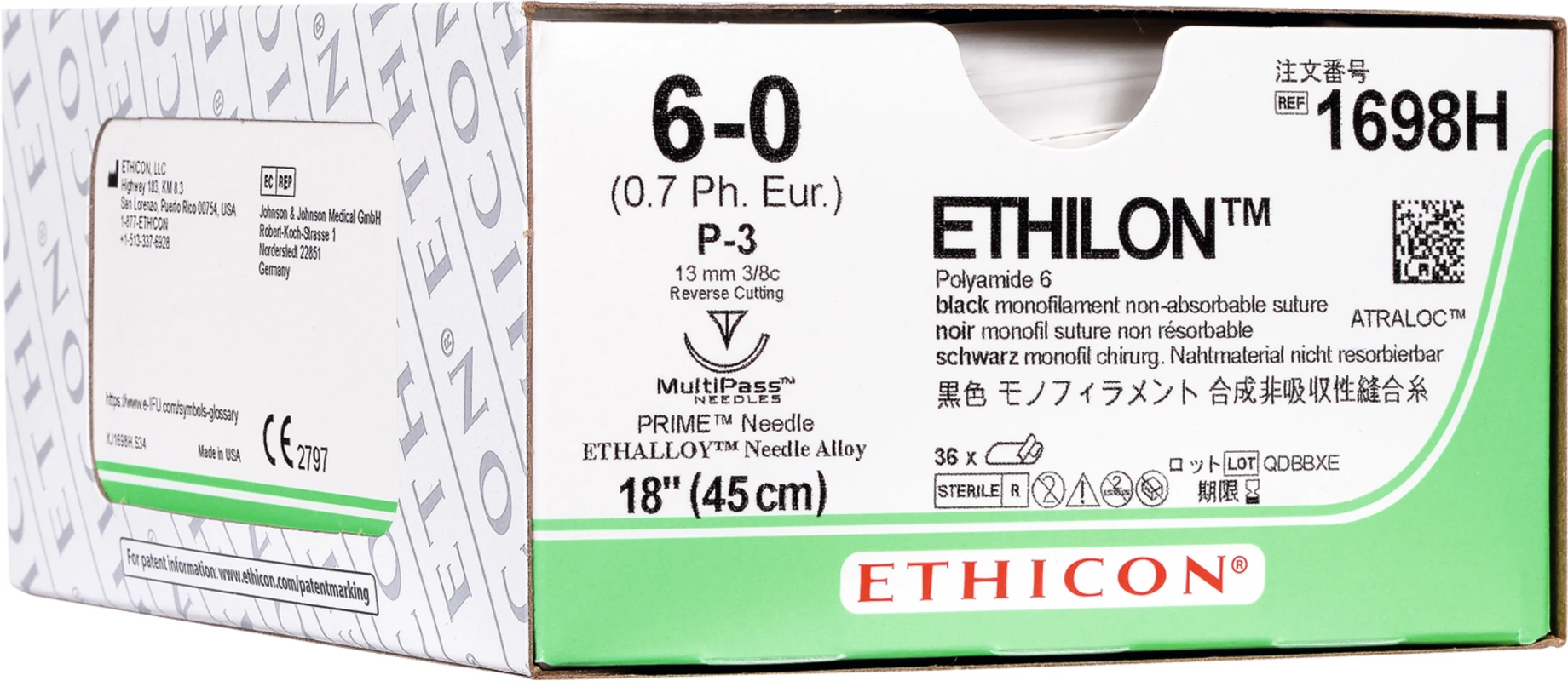 ETHILON Packung 36 Stück schwarz, 45 cm, P3 PRIME, 3/8 Kreis, schneidend, Präzisionsspitze, 13 mm, USP 5/0