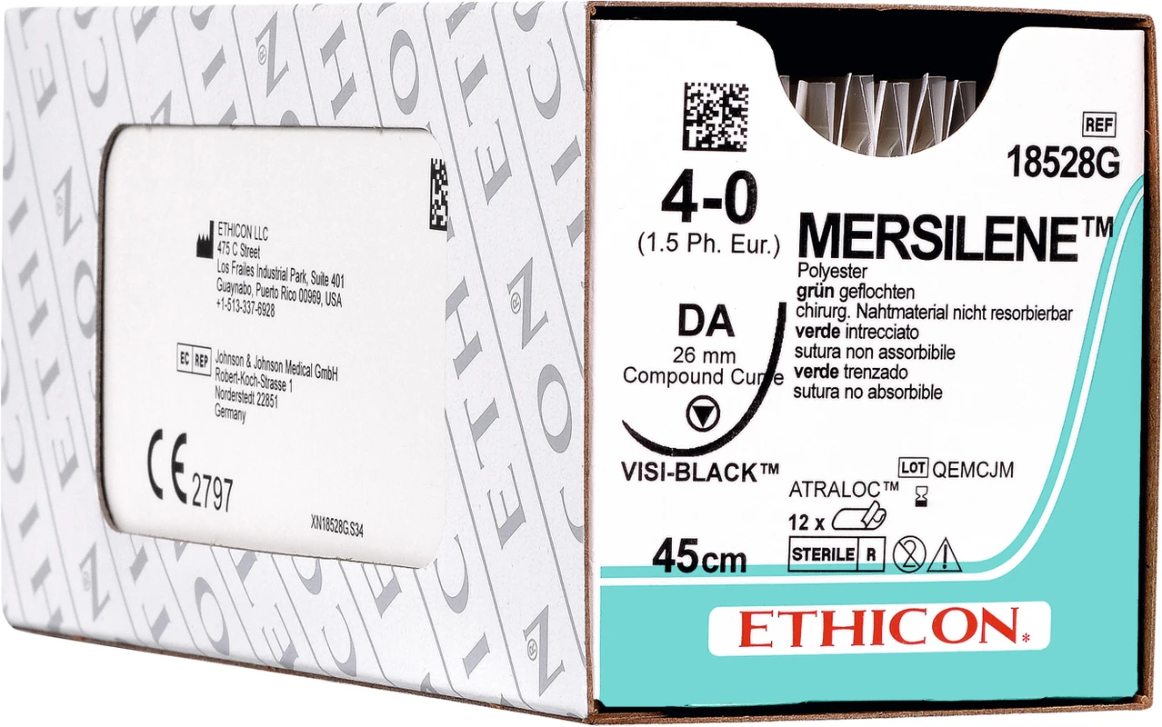 MERSILENE Packung 36 Stück grün, 45 cm, PS2 PRIME, 3/8 Kreis, schneidend, Präzisionsspitze, 19 mm, USP 4/0