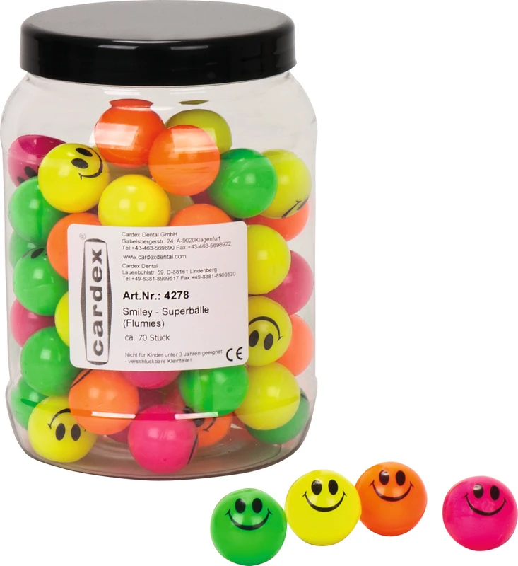 cardex® Smiley - Superbälle Box 70 Stück in Klarsichtbox sortiert, Ø 27 mm