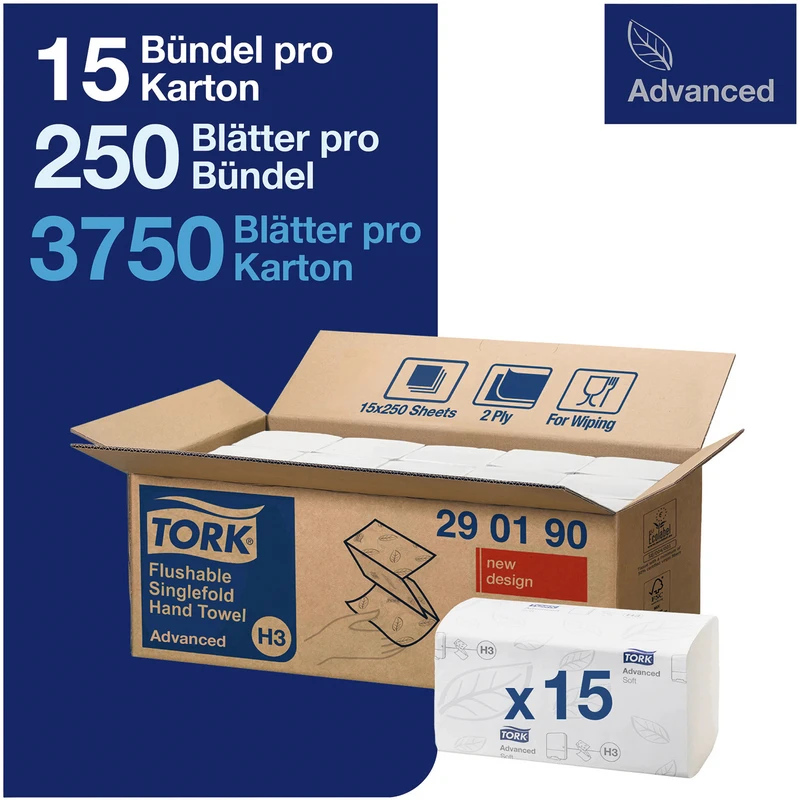 TORK® schnellauflösendes Zickzack Handtuch (V-Falz) Packung 15 x 250 Stück, 2-lagig, hochweiß, schnellauflösend