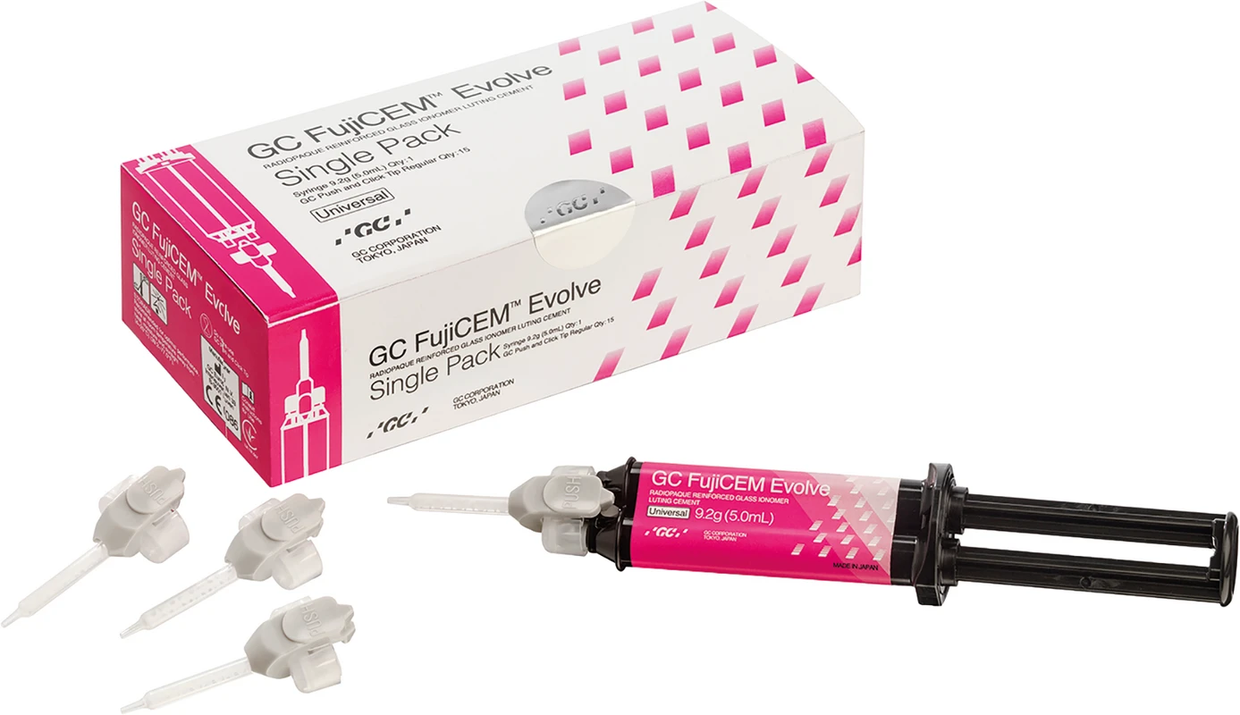 GC FujiCEM™ Evolve Packung Handmix 3 x 9,2 g/ 5 ml Spritze, 1 Anmischblock GC FujiCEM™ Evolve GC